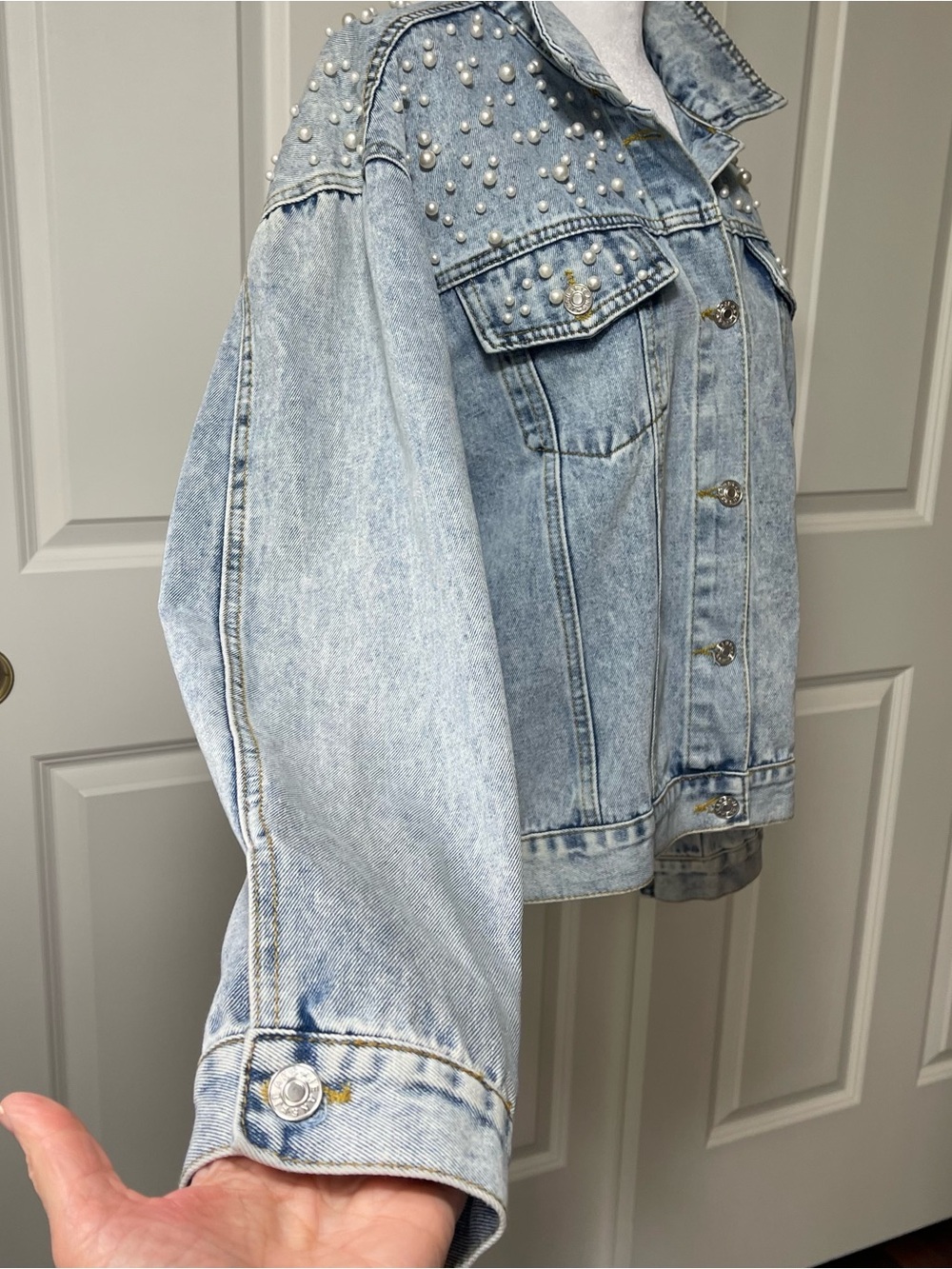 Denim Pearl Embellished Jean Jacket Chest Pockets Stone Washed Light Blue XL - Picture 6 of 13